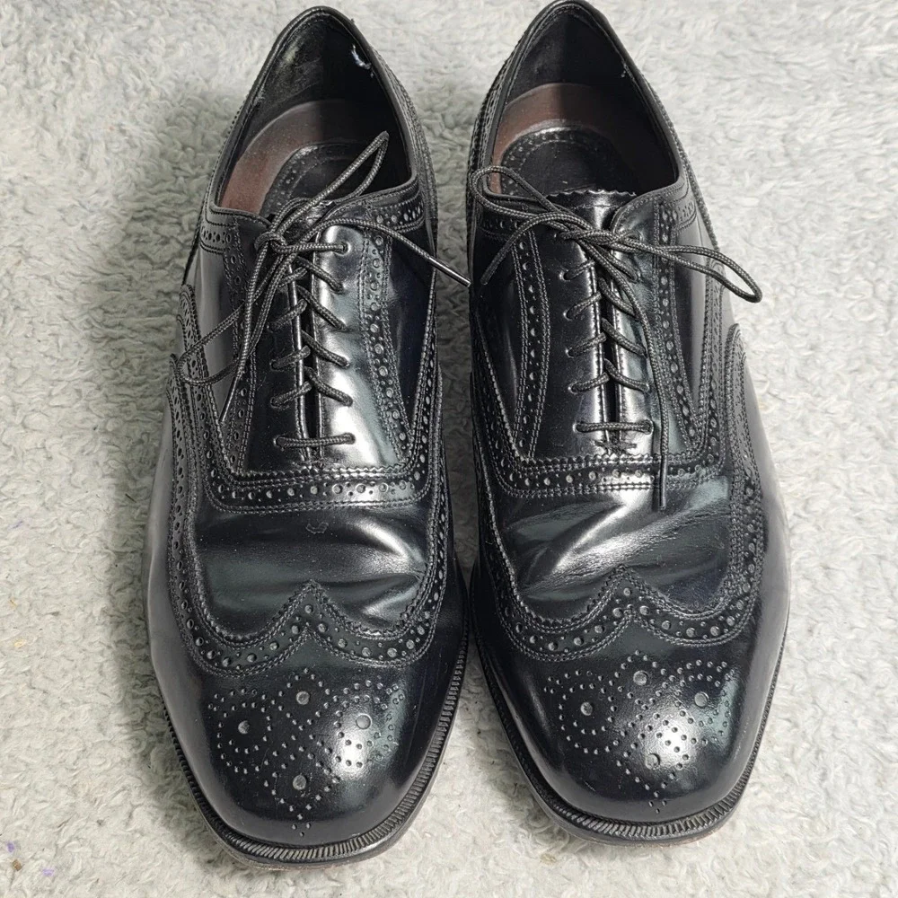 VTG Florsheim Wingtip Oxfords Black Leather Brogue Dress Shoes Mens 10.5 D
